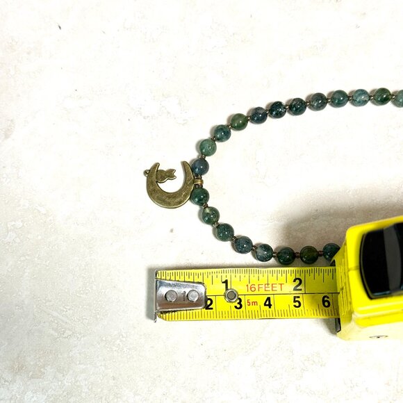 Genuine Gemstone Green Moss Agate Bronze Cat on the Moon Beaded Short Necklace - Picture 11 of 13